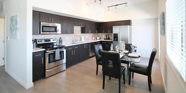 Fridge, microwave, stovetop, highchair