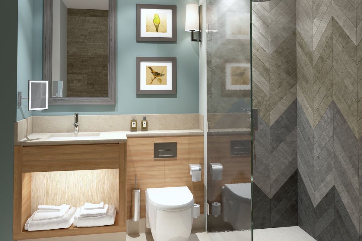 shower, rainfall showerhead, towels