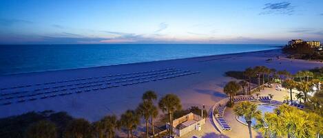 On the beach, sun-loungers, beach towels