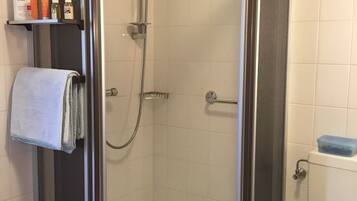 A shower enclosure with a glass door, a white toilet, and a shelf with toiletries.