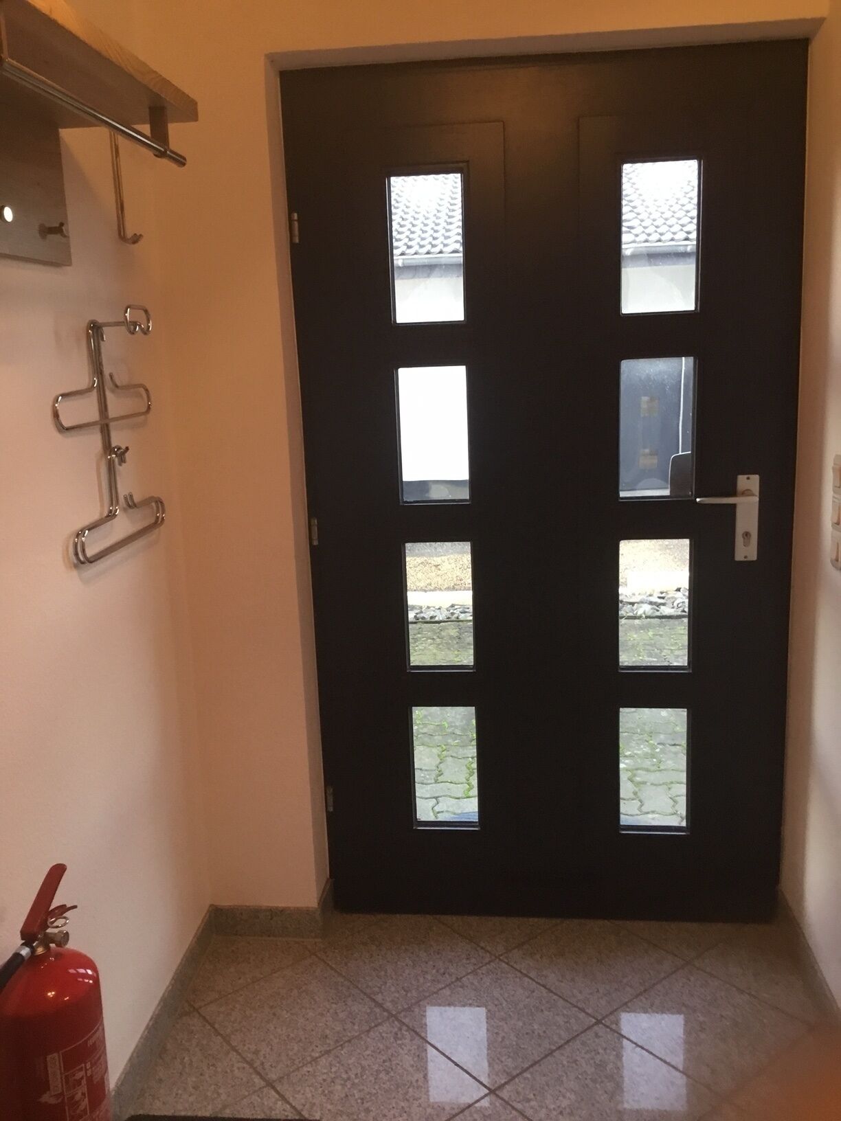 A dark wooden door with multiple windows, a fire extinguisher, and a metal rack on the wall.