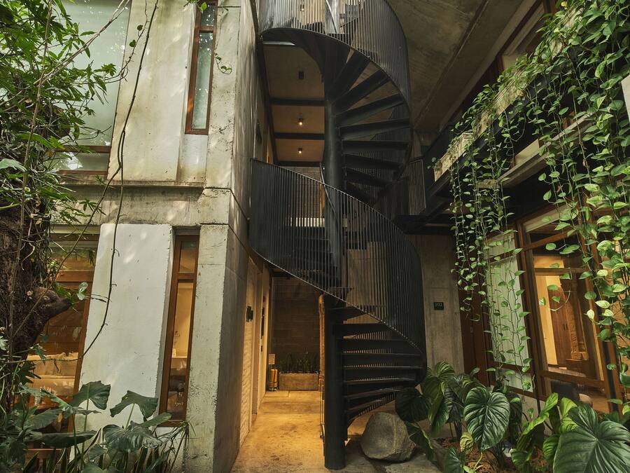 Una escalera de caracol en un patio rodeado de abundante vegetación y estructuras de concreto.