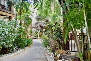 A narrow pathway flanked by lush greenery and a thatched-roof structure, leading to a gated entrance. - Chan Bahlum By Select (Playa del Carmen)