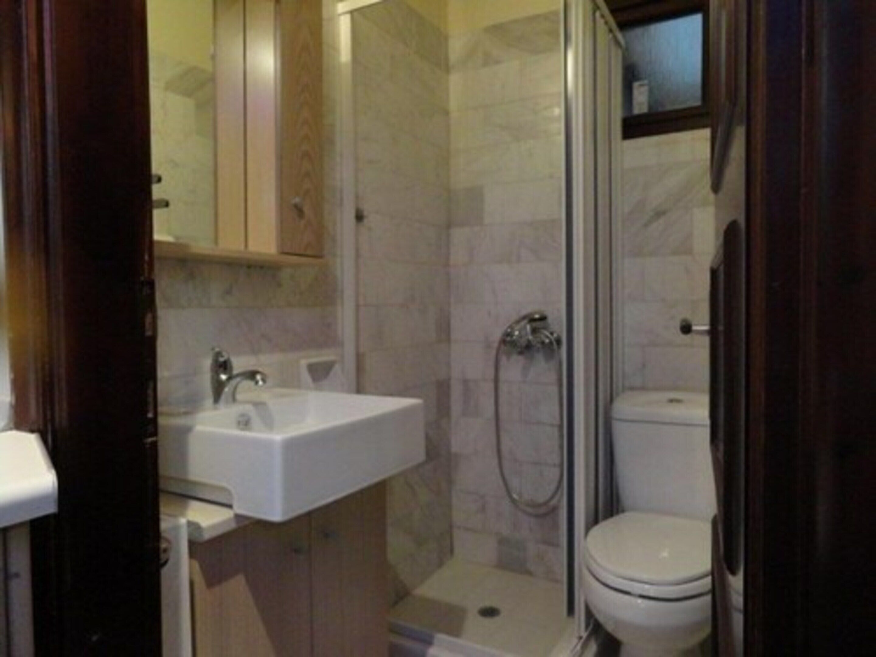Un baño pequeño con ducha, inodoro y lavamanos.