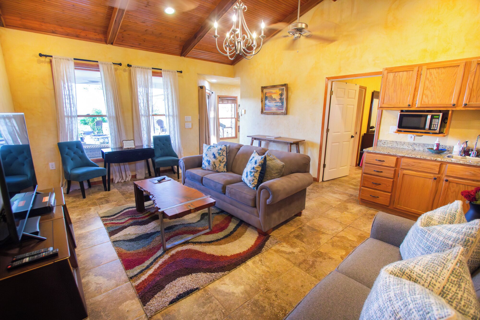 TV, fireplace, video games, DVD player