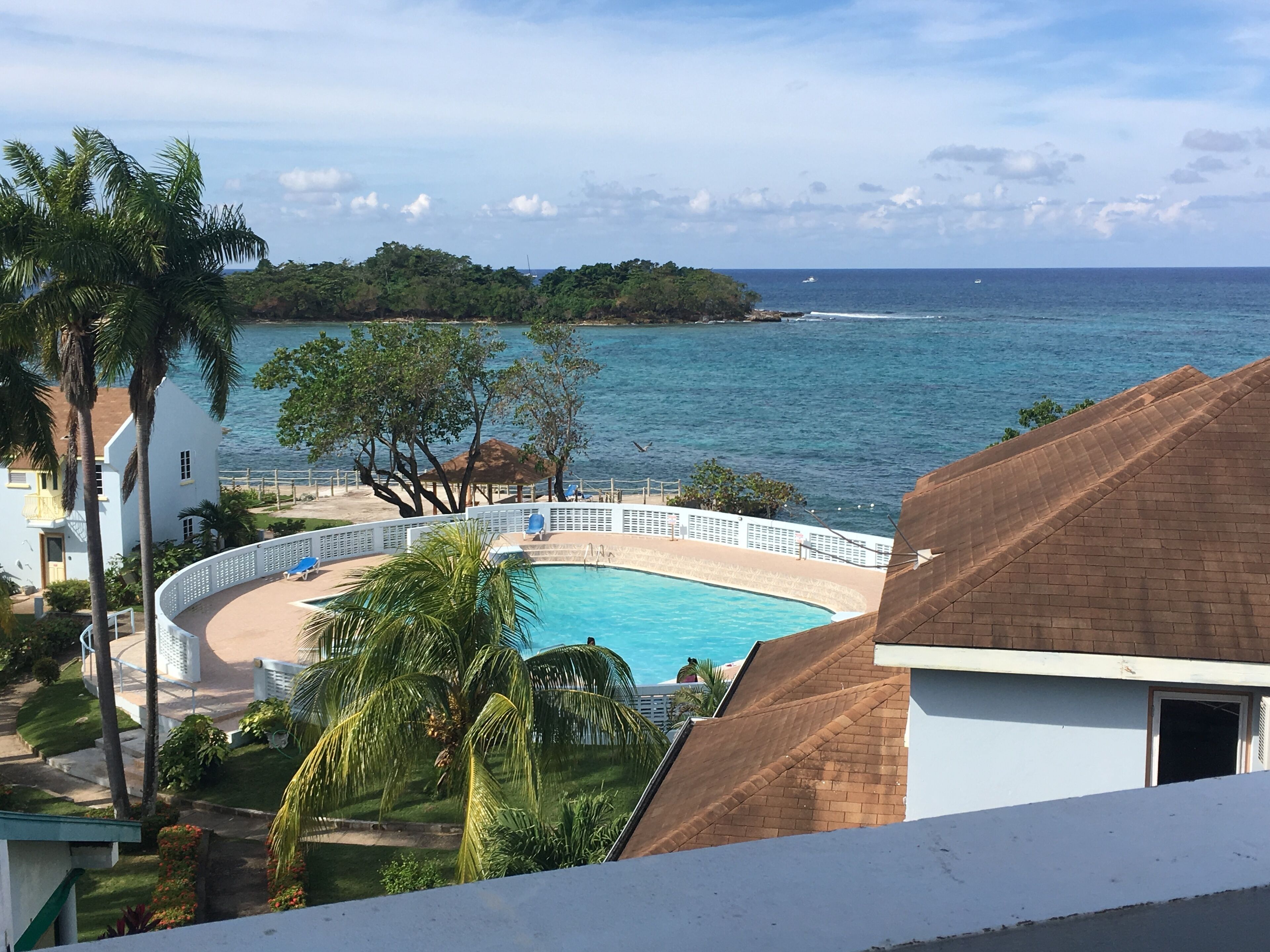 Ein Pool mit geschwungener Kante, umgeben von einem weißen Zaun, Palmen und Blick auf das Meer und eine kleine Insel.