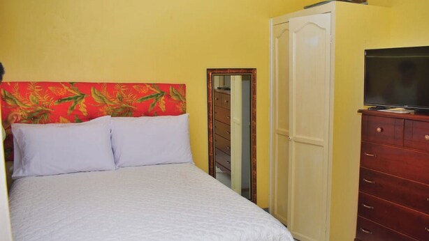 A bedroom with a bed, a wardrobe, a television, and a mirror.
