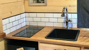 A compact kitchen with a black dishwasher, a black induction cooktop, a sink, and wooden cabinets.