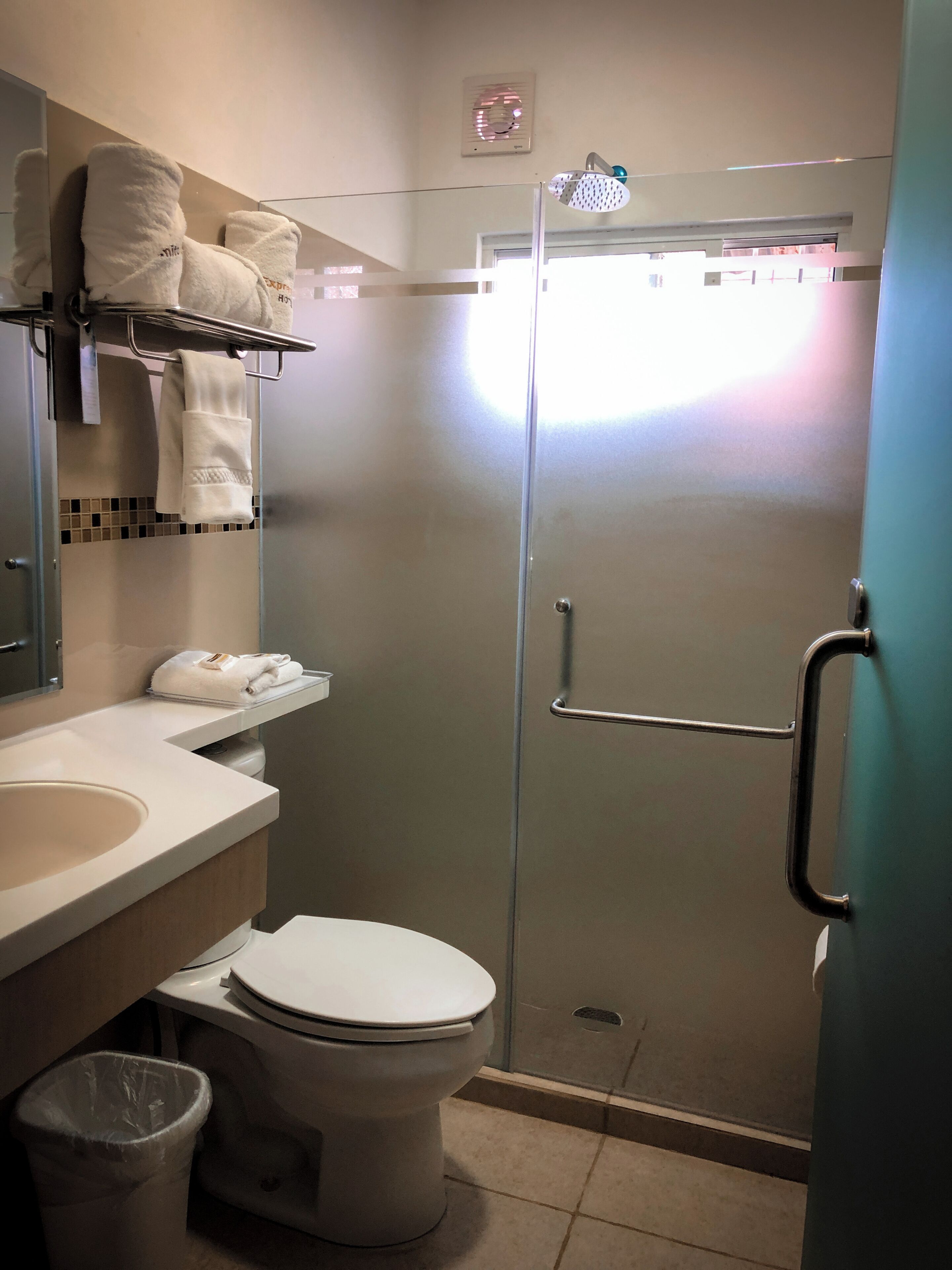 A bathroom with a toilet, sink, and towel rack.