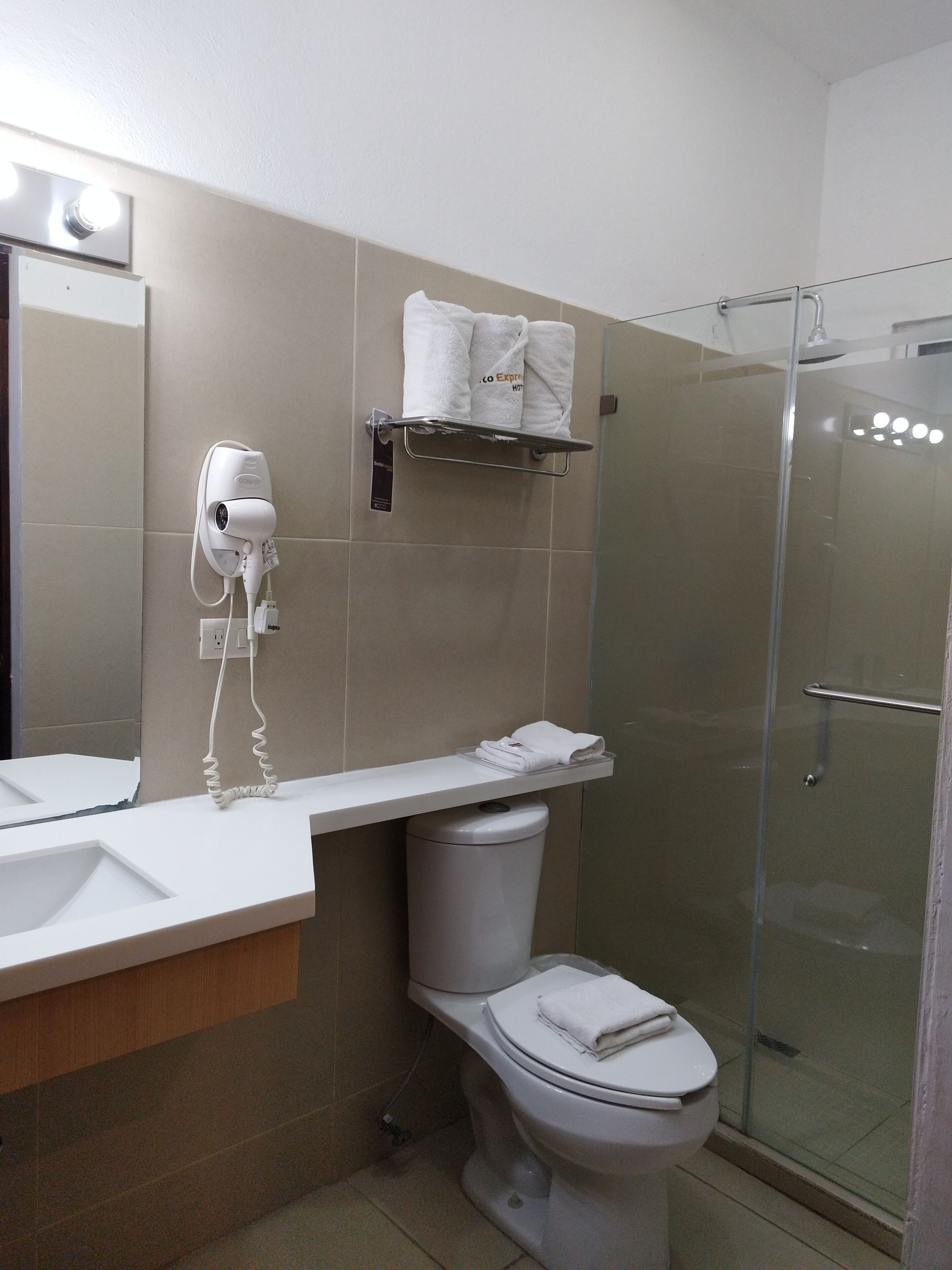 Een badkamer met toilet, wastafel, haardroger en een douchecabine van glas.