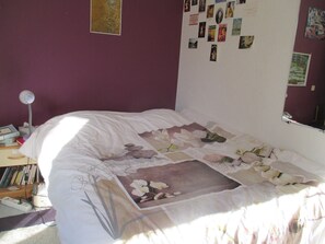 A bedroom with a bed, a desk with books, and a wall with photos and posters.