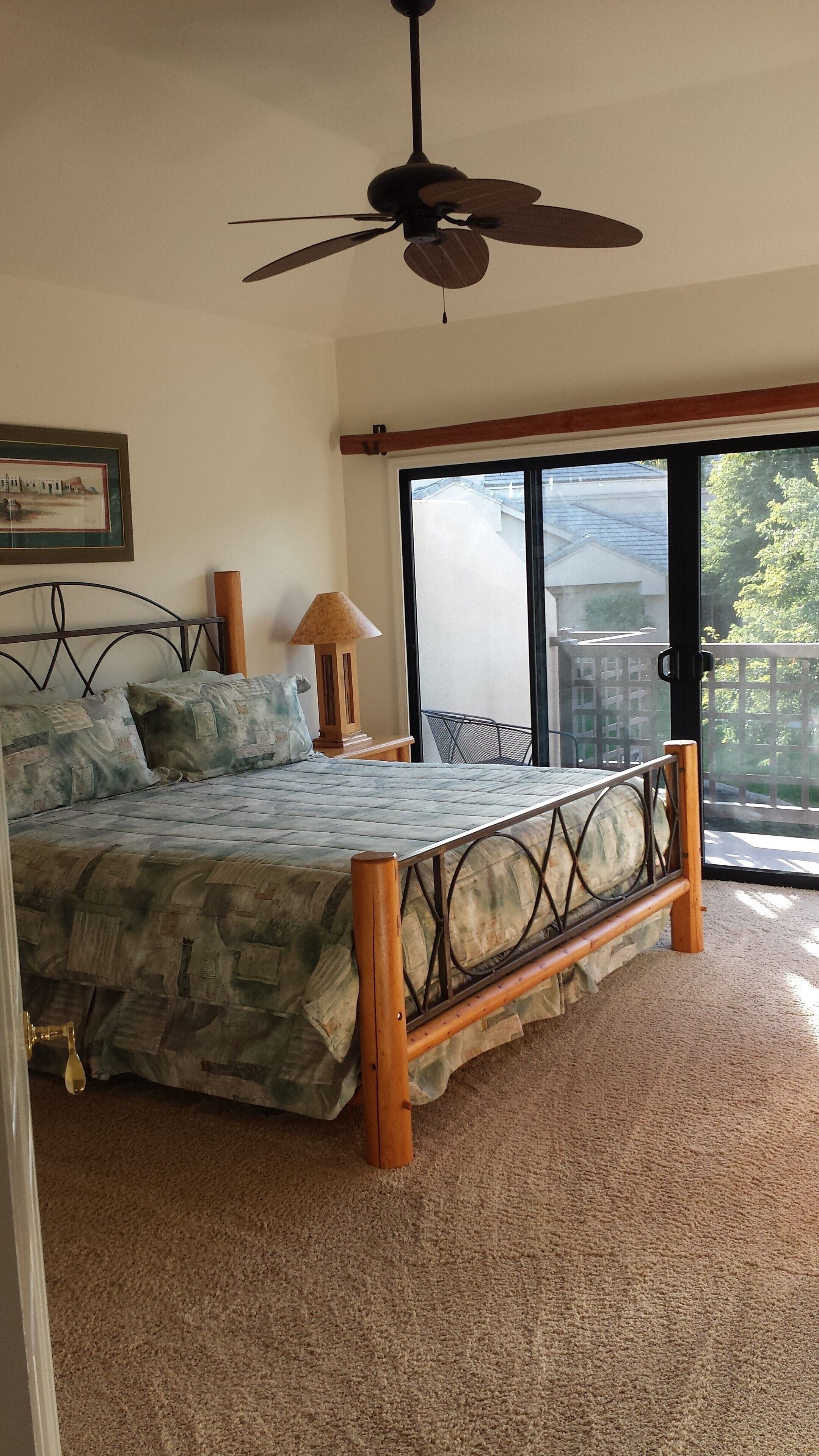 A bedroom with a bed, a ceiling fan, a window, and a view of the outside.