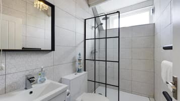 Combined shower/tub, hair dryer, towels, soap