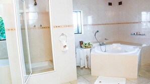 A bathroom with a walk-in shower, a bathtub, and a toilet. - Bhimi Getaway Guest House (Burnside Bulawayo)