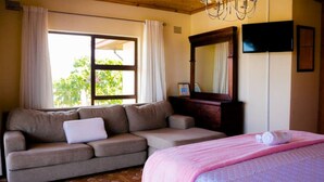 A room with a sofa, a bed with a pink blanket, a wooden dresser, a TV, and a window with curtains. - Bhimi Getaway Guest House (Burnside Bulawayo)