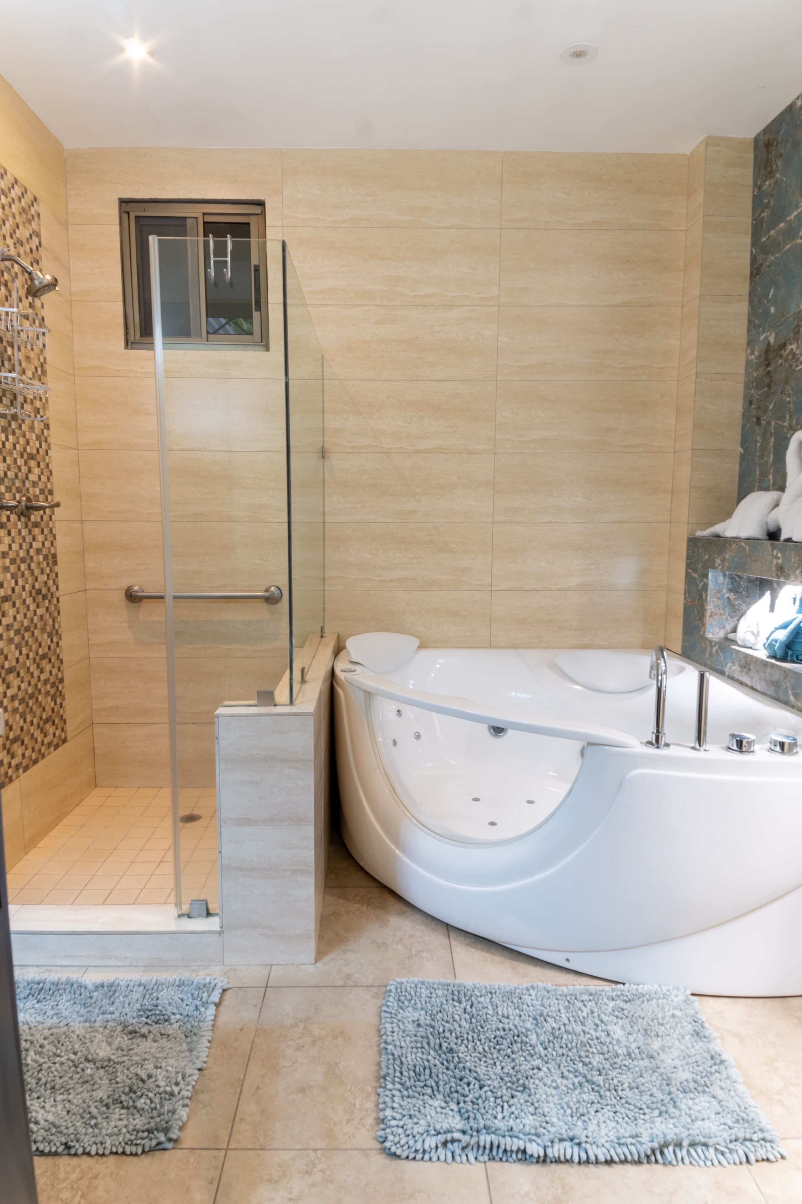 Shower, jetted tub, hair dryer, towels