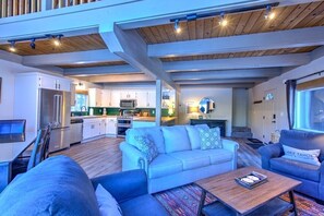 Smart TV, fireplace, books