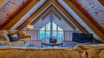 TV connectée, cheminée, livres