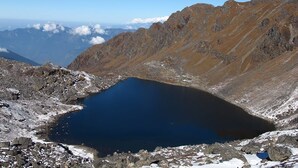 A mountainous landscape with a clear blue lake surrounded by rocky terrain. - Shree yoga retreat (Kathmandu)