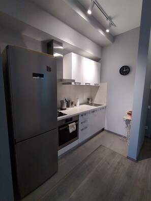 A modern kitchen with a built-in refrigerator, oven, and sink. - cozy new stylish Tbilisi view apartment -self check in free Wi-fi (Vake-Saburtalo)