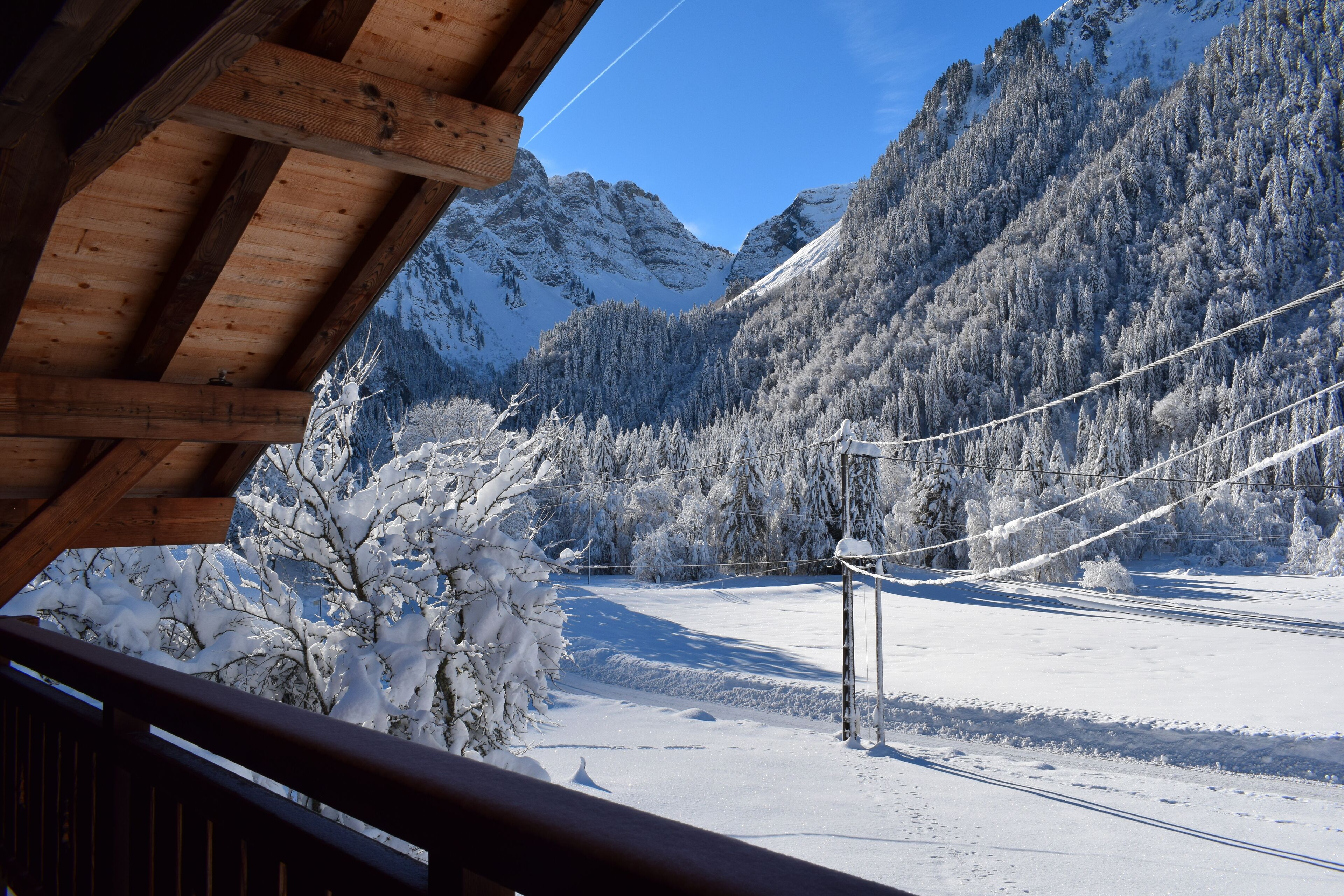 Eine Holzhütte mit Blick auf schneebedeckte Berge und Bäume.