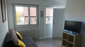 Una stanza con un divano marrone, una TV su un mobile in legno, una finestra con vista sugli edifici e una porta.