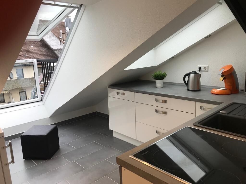 A modern kitchen with a skylight, a coffee machine, and a small potted plant.