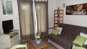 A living room with a sofa, a television, a small table with a plant, and a window with curtains. - A Mazet at the foot of the Alpilles (2 stars) (Saint-Rémy-de-Provence)