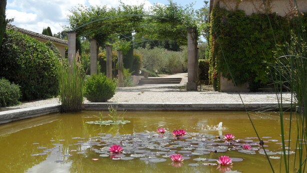 A tranquil garden with a pond, water lilies, and a pergola structure. - A Mazet at the foot of the Alpilles (2 stars) (Saint-Rémy-de-Provence)
