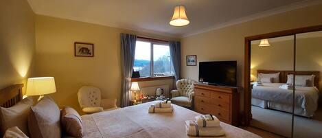 A hotel room with a large bed, a TV, a desk with a lamp, a chair, and a view of the outdoors.