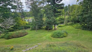 Un jardin bien entretenu, agrémenté de divers arbres et arbustes, avec un chemin dégagé et un petit étang.