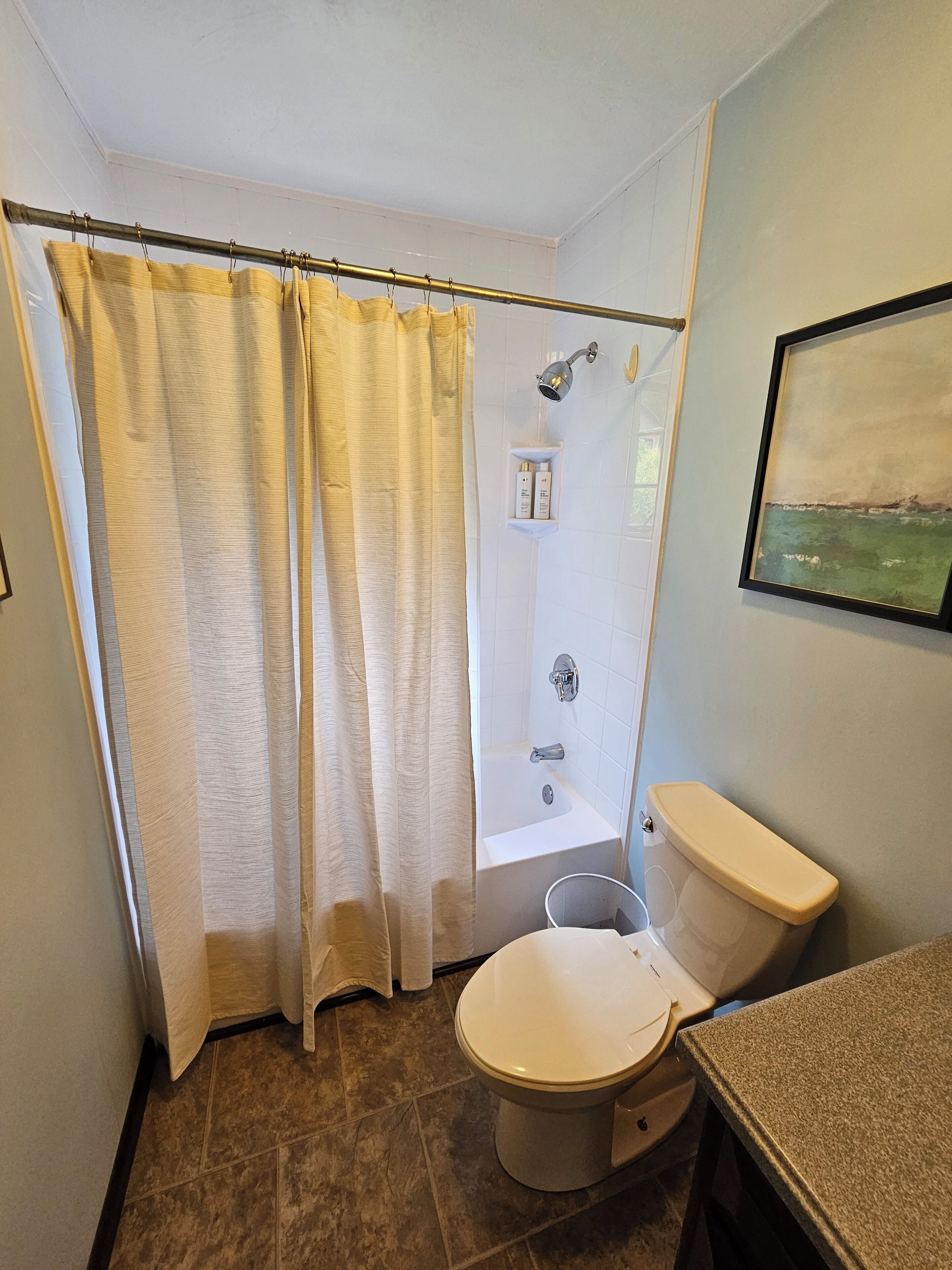 Combined shower/bathtub, hair dryer, towels, soap