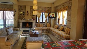 A cozy living room with a stone fireplace, a sofa, a television, and a patterned rug.