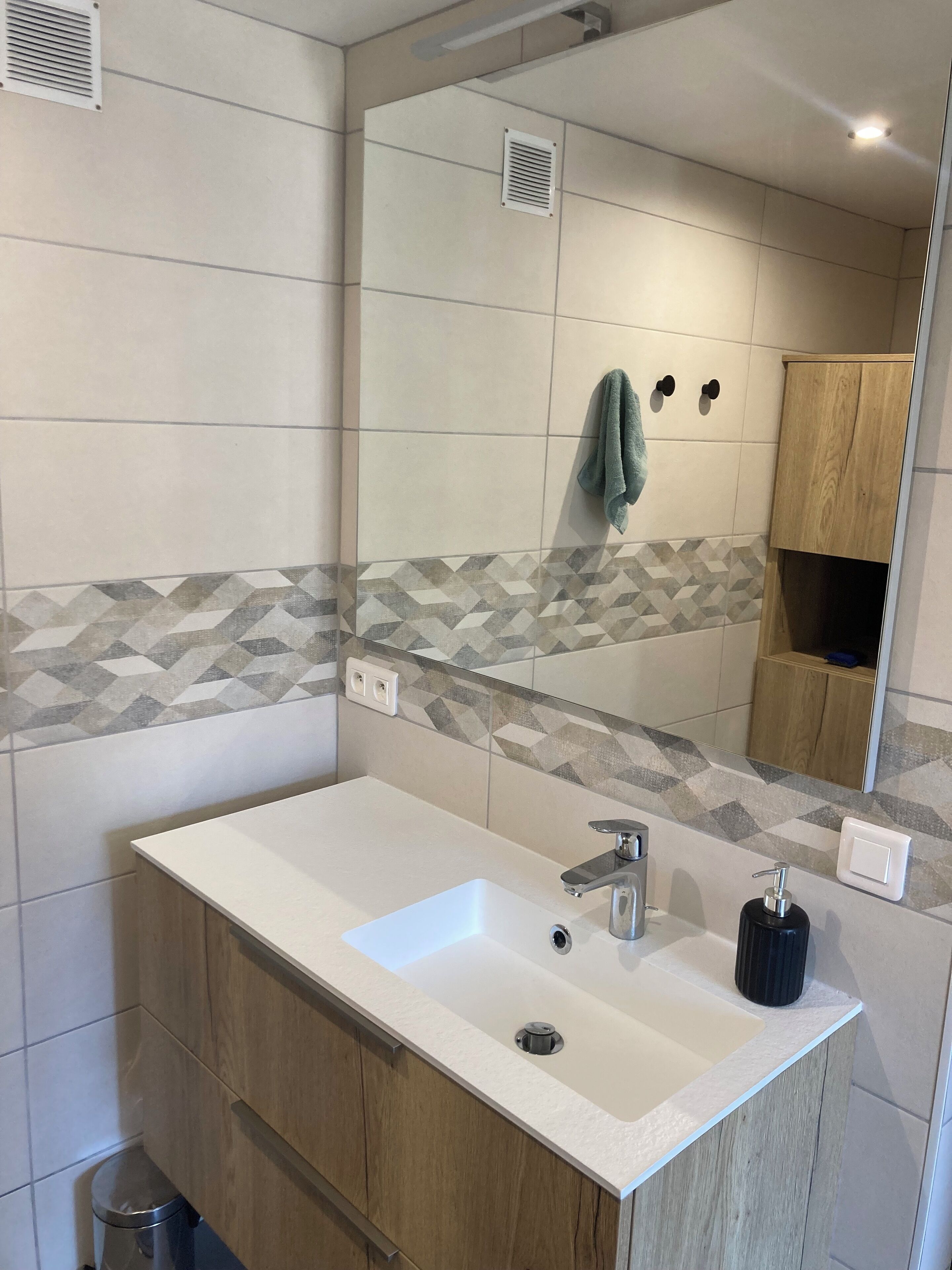 Shower, hair dryer, towels, toilet paper