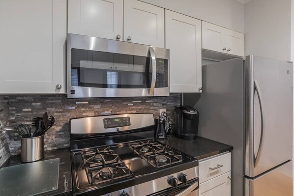 Fridge, microwave, oven, stovetop