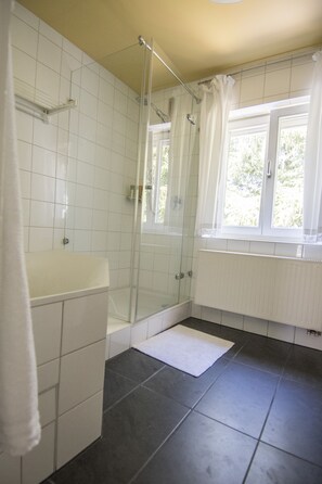 Ensemble douche/baignoire, sèche-cheveux, serviettes fournies, savon