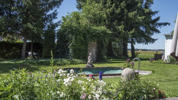Un jardin agrémenté d’une fontaine, de statues et d’une grande variété de fleurs.