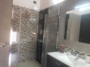 Hair dryer, towels, soap, toilet paper