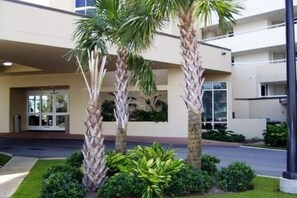 A modern building with a covered entrance, palm trees, and a well-maintained lawn.