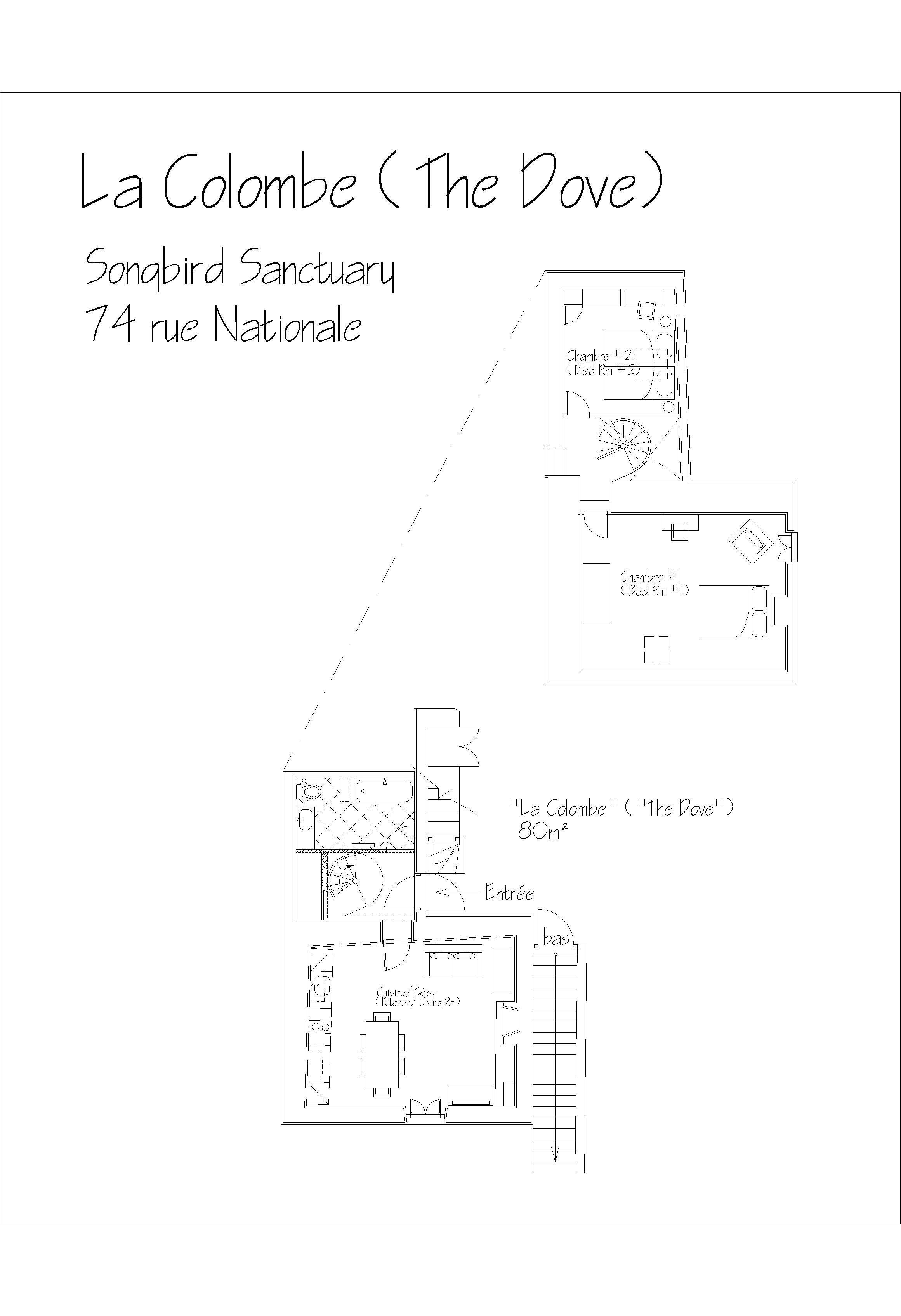 A floor plan of La Colombie (The Dove) at Sonabird Sanctuary, 74 rue Nationale. It includes two bedrooms, a kitchen, a dining area, and a living room.