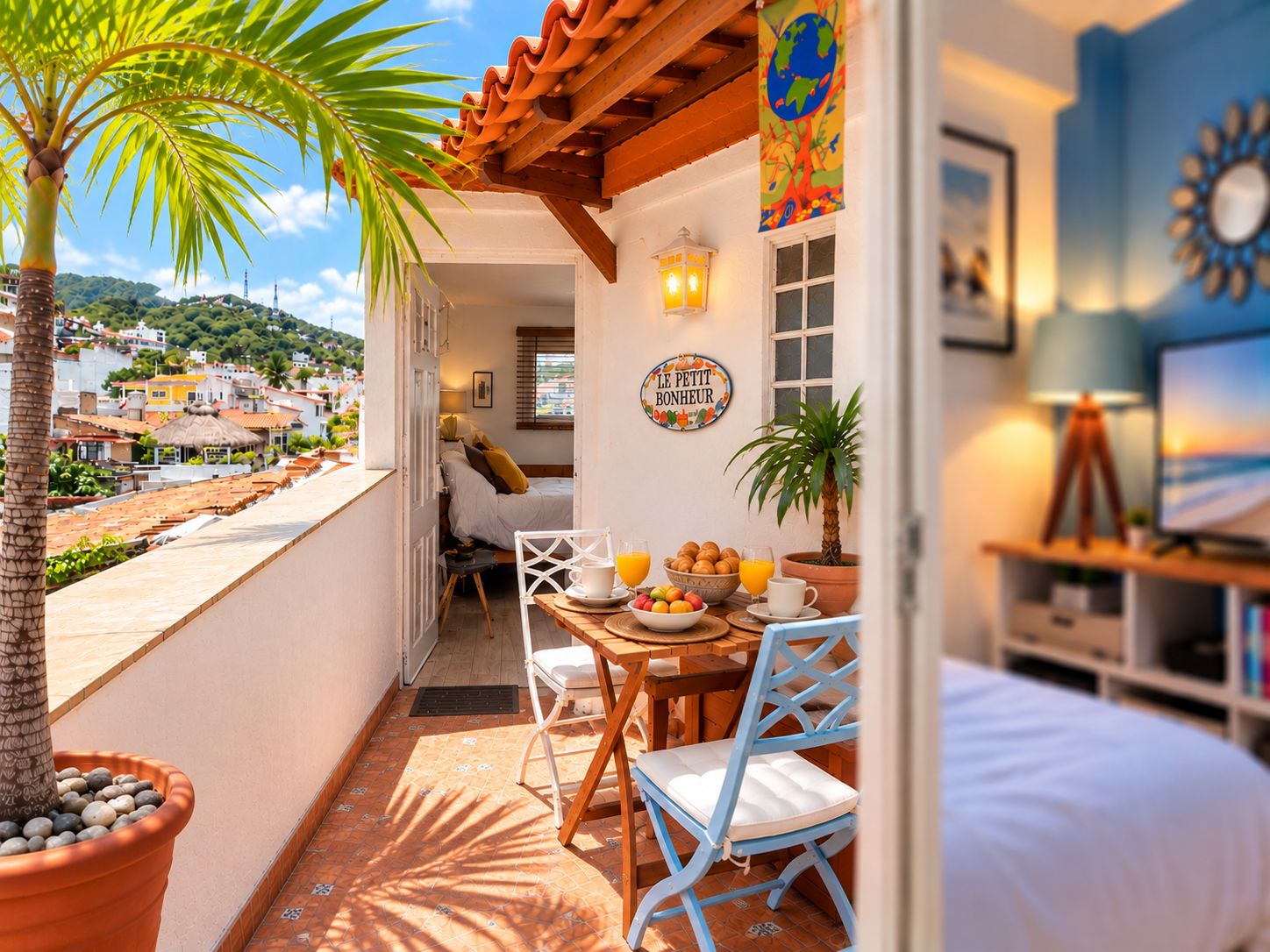Ein Balkon mit Frühstückstisch, einem Bett und Blick auf die Stadt.