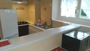 Una cocina compacta con refrigerador, estufa, fregadero y microondas.