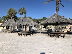 Ein Strandbereich mit Reetdachschirmen, Holzbanken und einem Pool.