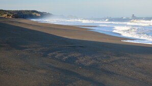 Une plage avec une vaste étendue de sable et des vagues qui déferlent sur le rivage.