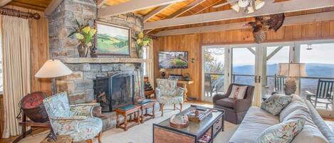 Televisión, chimenea, libros y estéreo