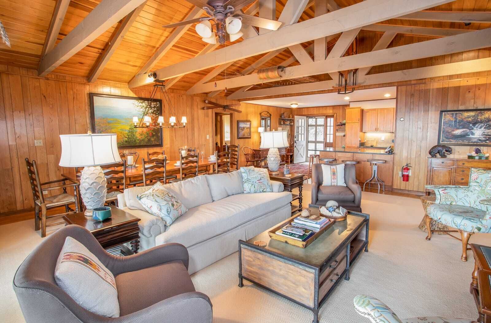 TV, fireplace, books, stereo