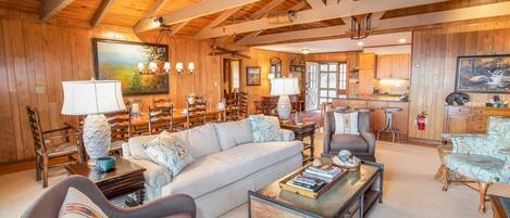 Televisión, chimenea, libros y estéreo