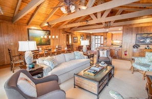 TV, fireplace, books, stereo