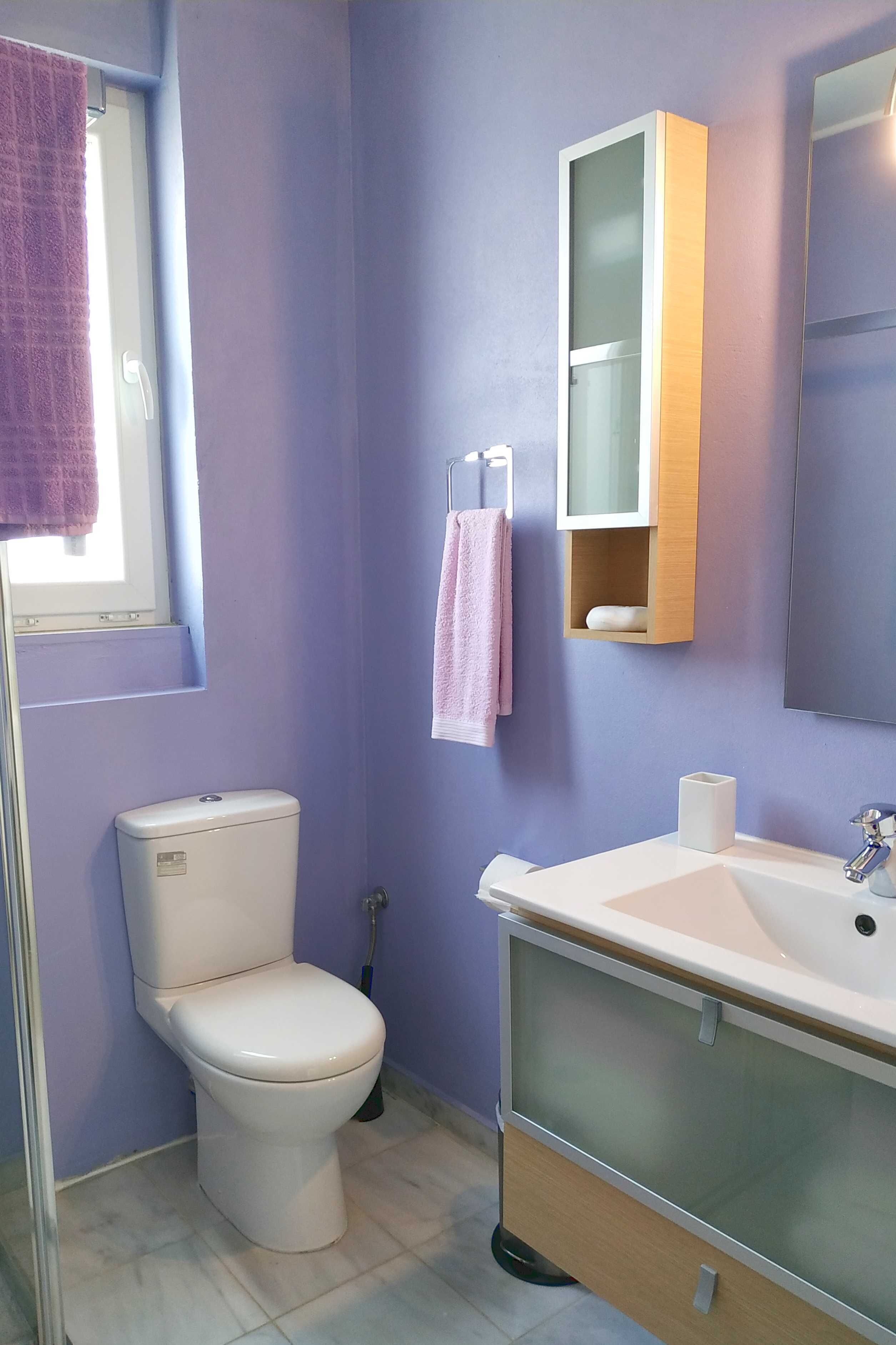 A bathroom with a toilet, sink, mirror, and towel rack.