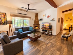 Un salon comprenant un canapé, une table basse, une cheminée, un téléviseur et un ventilateur de plafond.